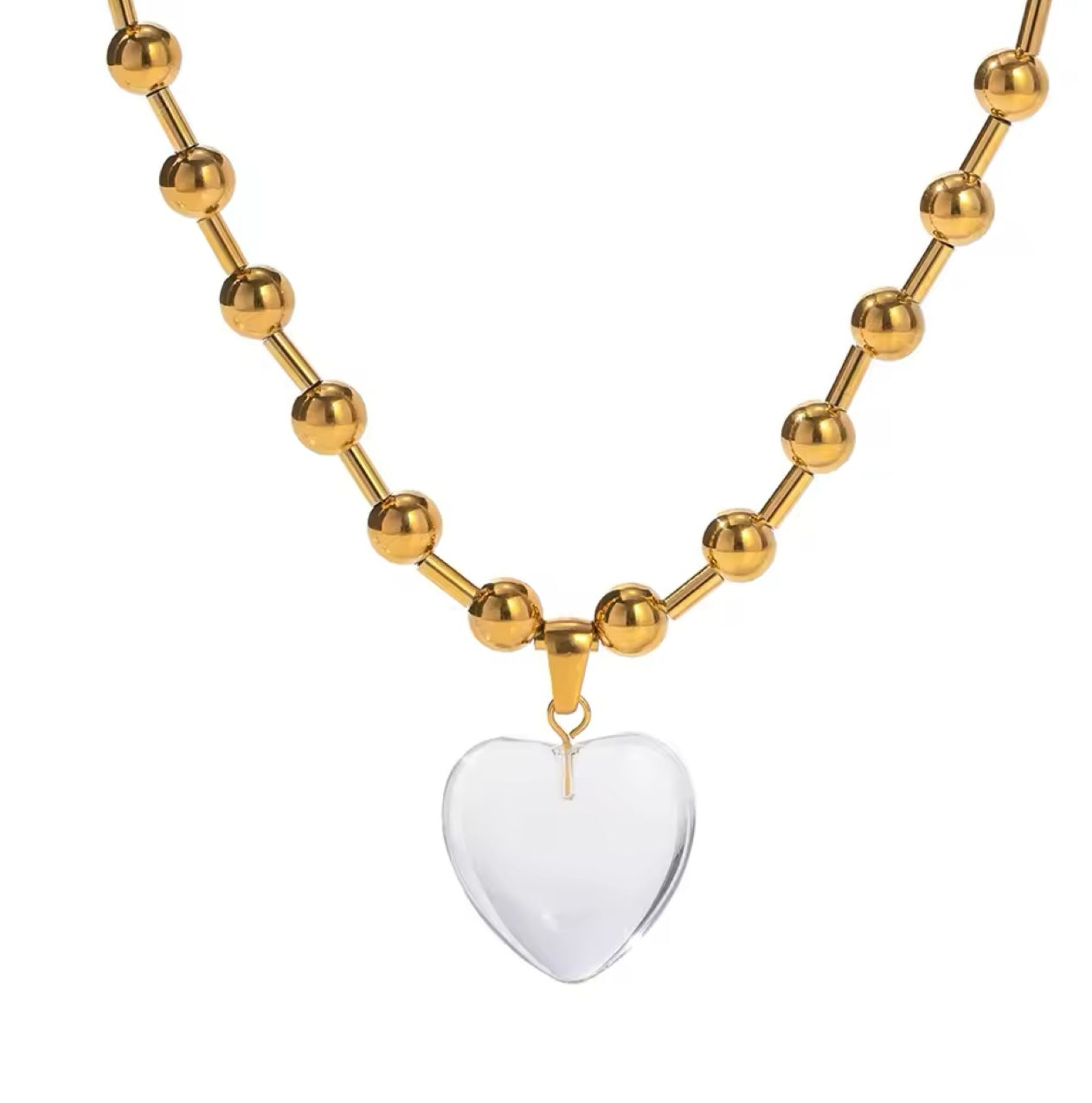 Gold beads necklace with clear heart pendant - Little Bella Jewels