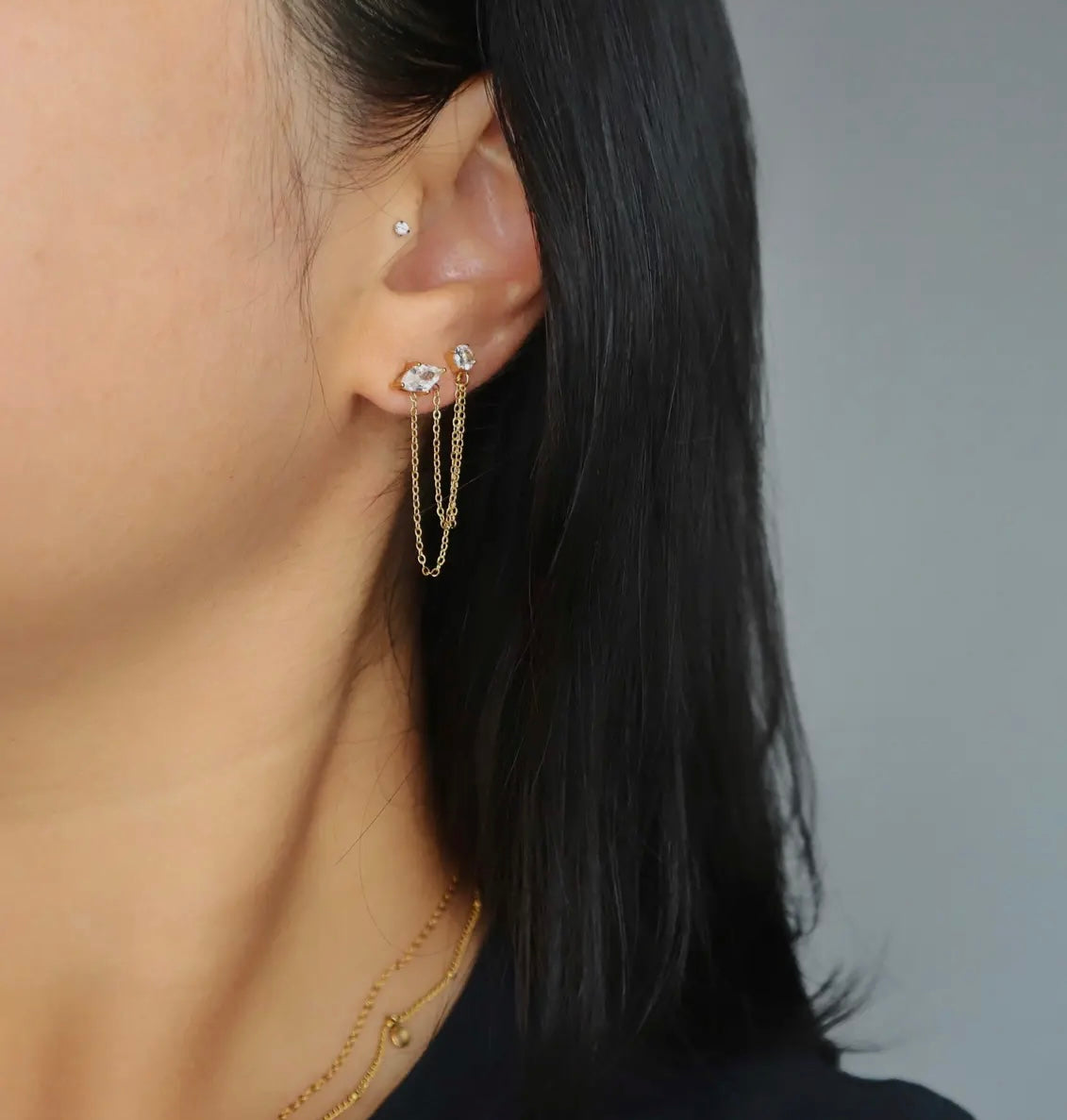 Ryann Double Chain Studs | Double Piercing Connector Earrings - Little Bella Jewels